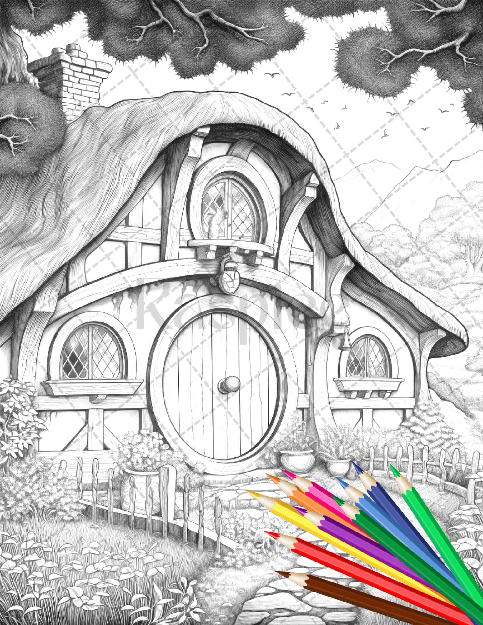 Enchanted hobbiton houses grayscale coloring pages printable for ad â coloring