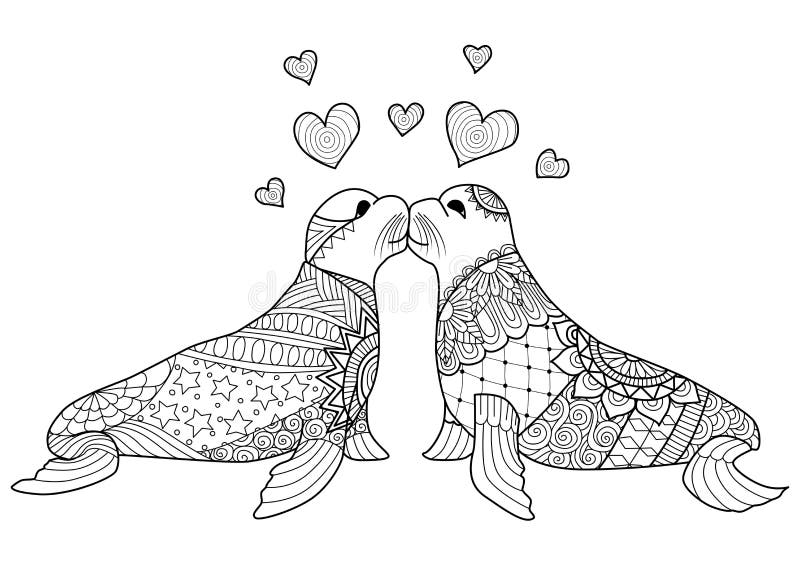 Hand drawn two seals kissing each other for coloring book for adult stock vector