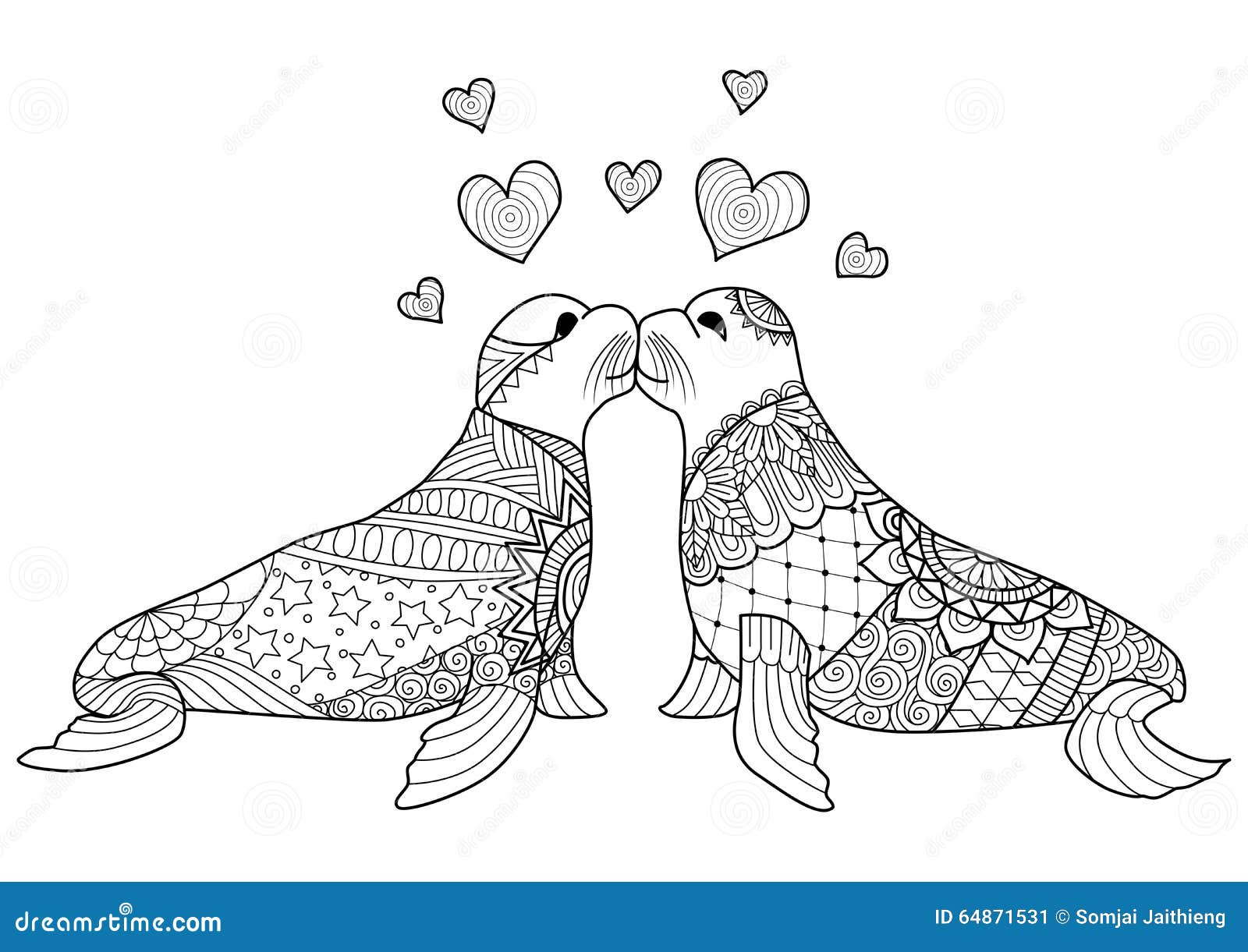 Hand drawn two seals kissing each other for coloring book for adult stock vector