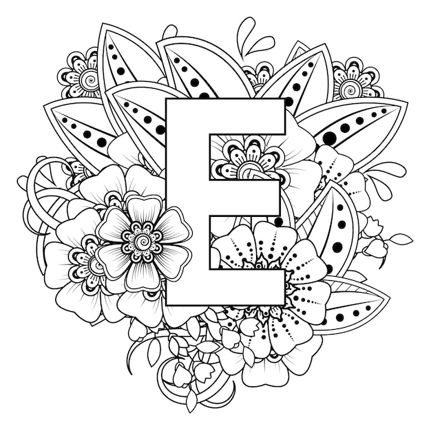 Premium vector letter e with mehndi flower decorative ornament in ethnic oriental style coloring book page