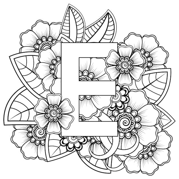 Premium vector letter e with mehndi flower decorative ornament in ethnic oriental style coloring book page