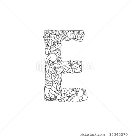 Coloring book ornamental alphabet letter e font