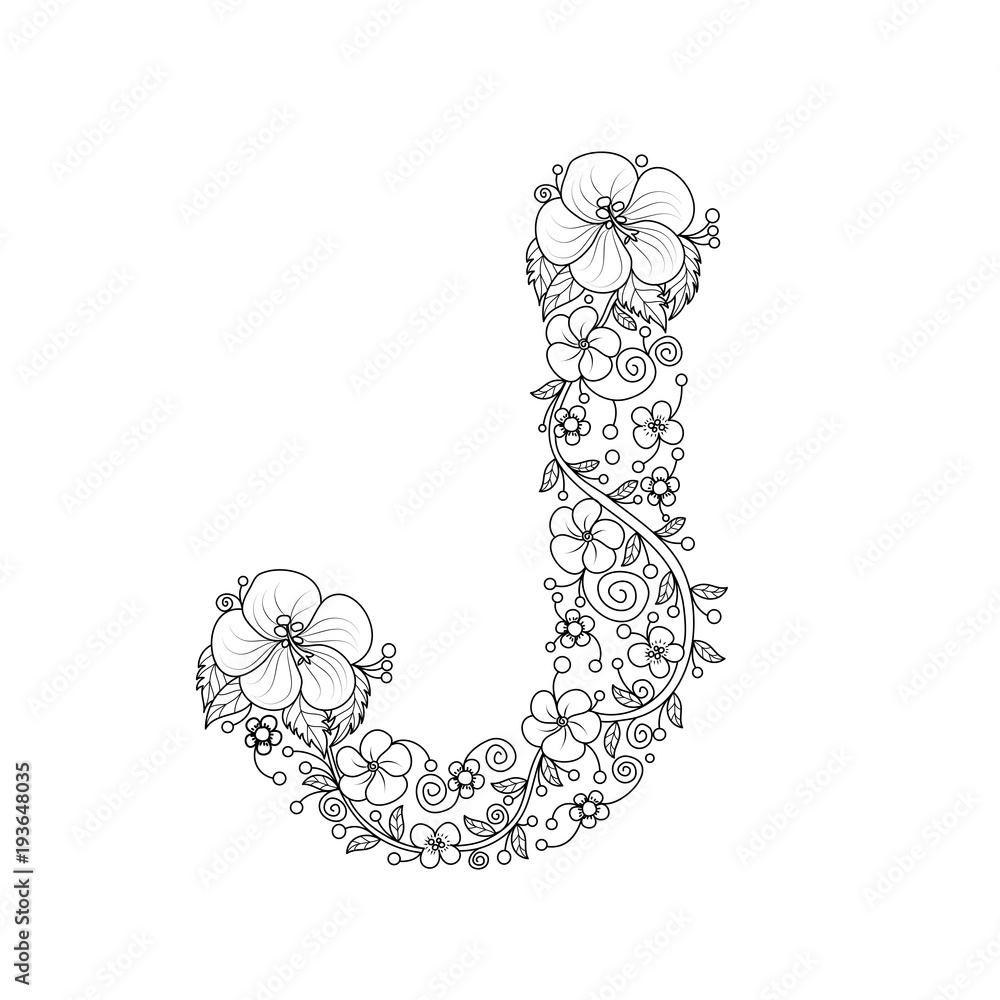 Floral alphabet letter j coloring book for adults vector illustrationhand drawndoodle style vector