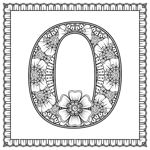 Premium vector letter o made of flowers in mehndi style coloring book page outline handdraw vector illustration