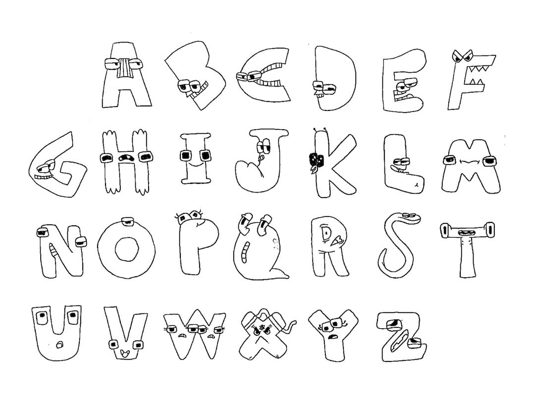 Fun hand drawn alphabet lore childrens youtube show coloring page black and white printable art