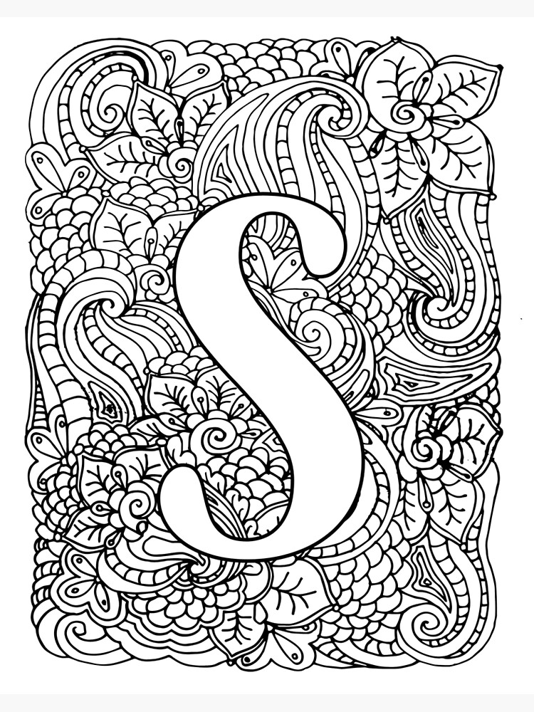 Adult coloring page monogram letter s art board print for sale by mamasweetea