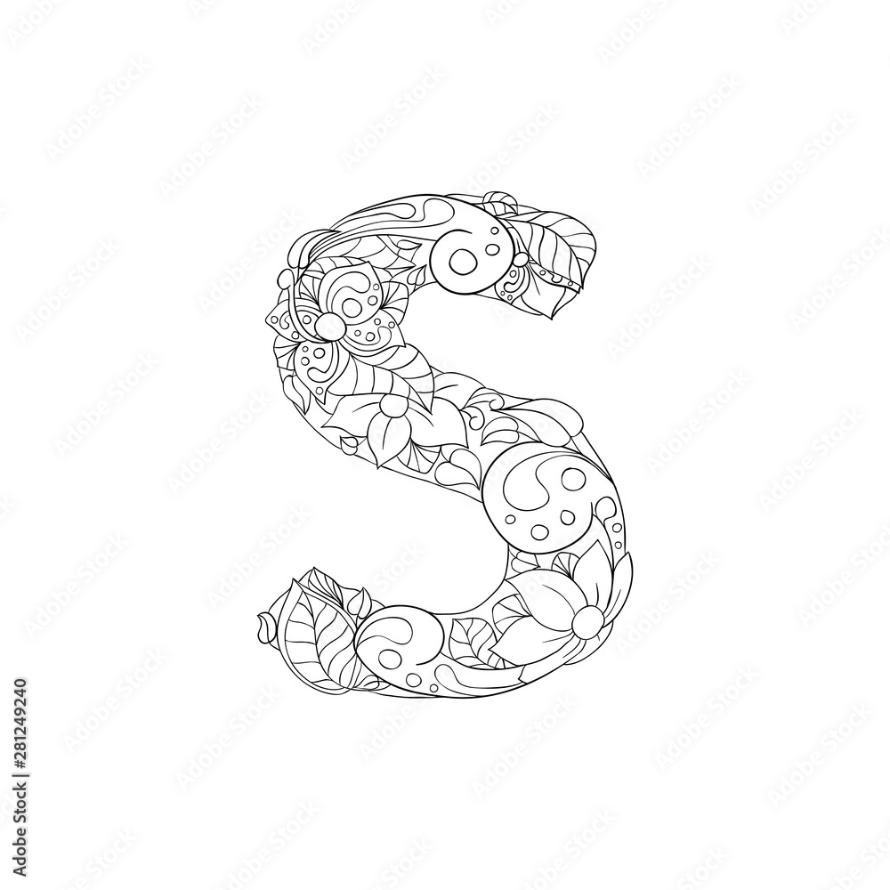 Coloring book floral ornamental alphabet initial letter s font vector typography symbol antistress page for adults and monogramsisolated poster or cover design vector