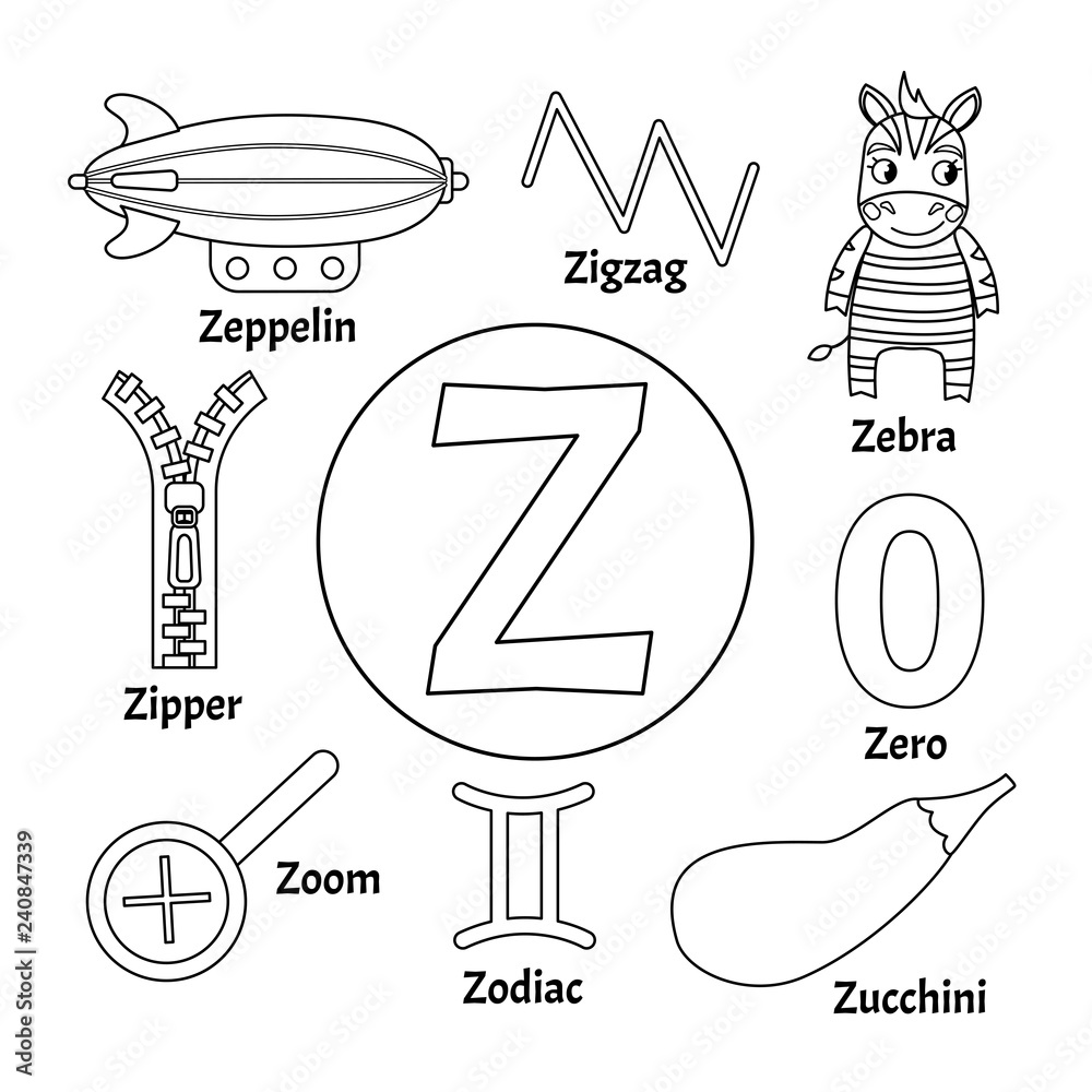 Vector cute kids animal alphabet letter z set of cute cartoon illustrations coloring page vector