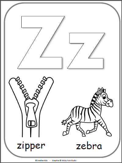 Letter z alphabet cards for display or coloring