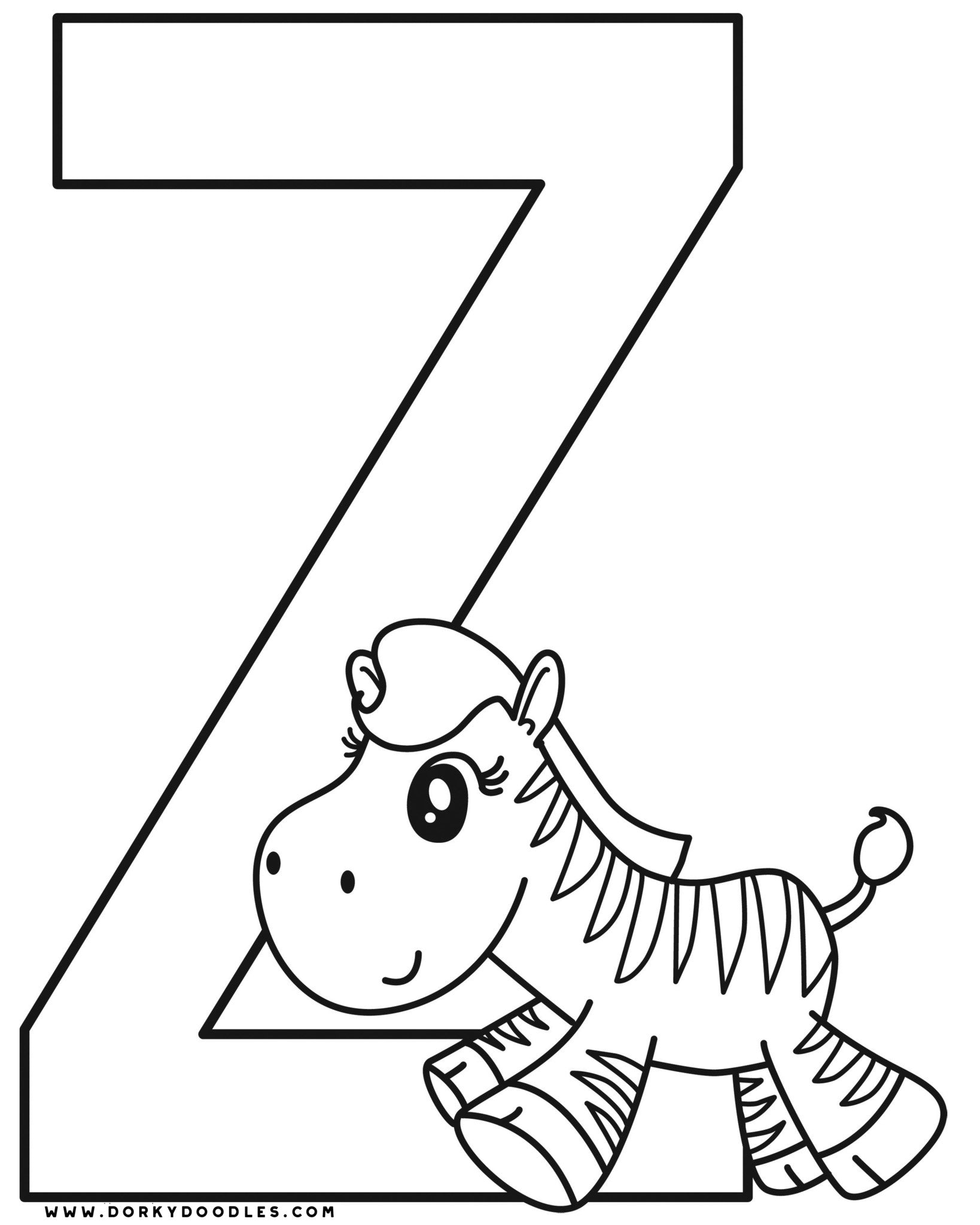 Letter z coloring page and writing practice worksheets â dorky doodles