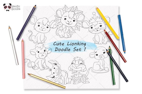 Cute lionking doodle clipart set coloring page printable