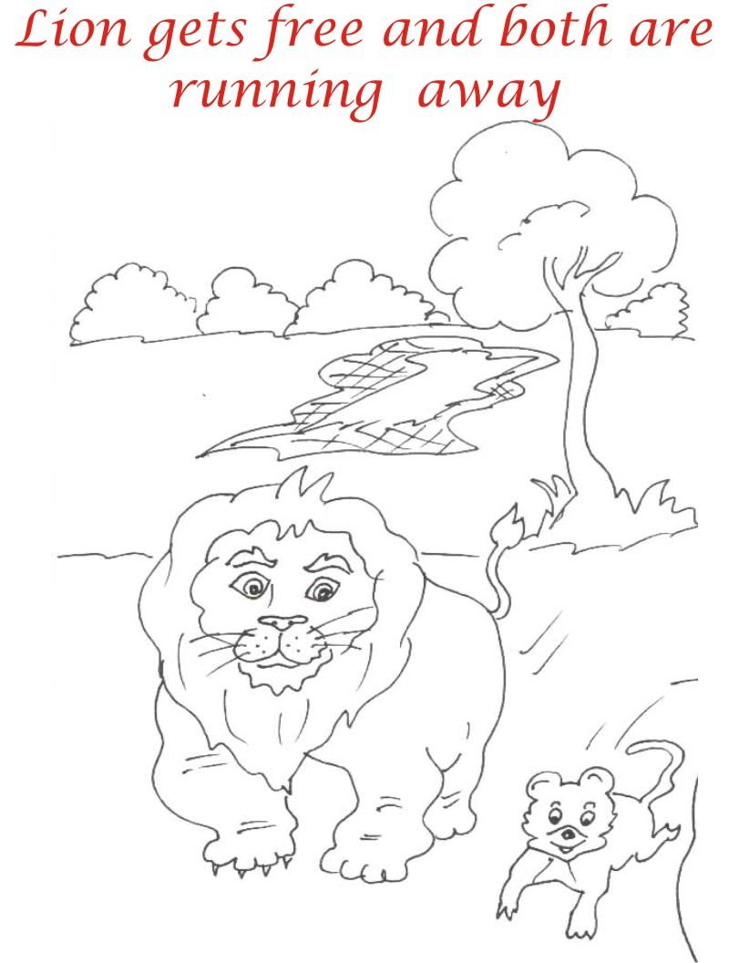 Lion and rat running coloring page for kids