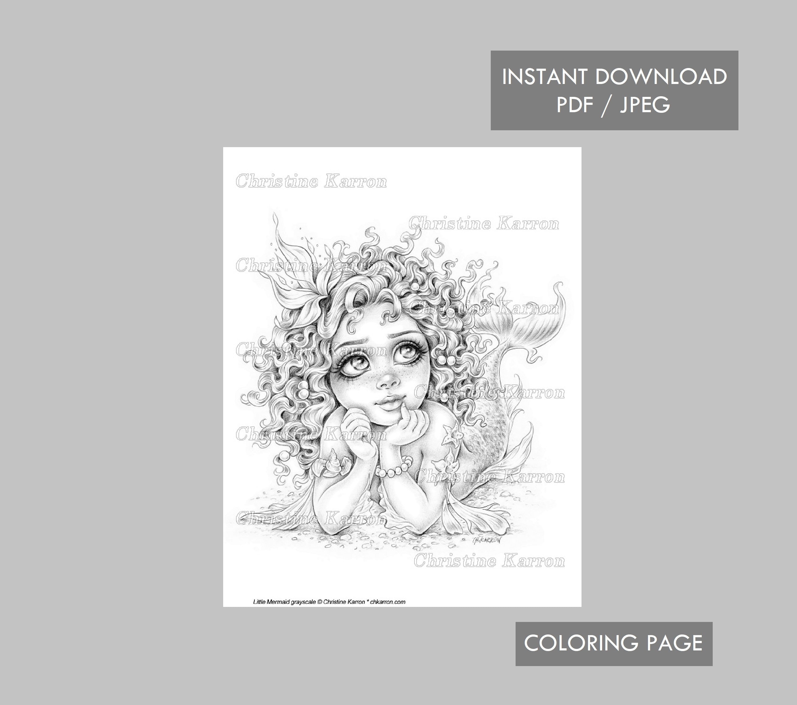 Little mermaid coloring page grayscale illustration cute girl fantasy ocean instant download printable file jpeg and pdf christine karron