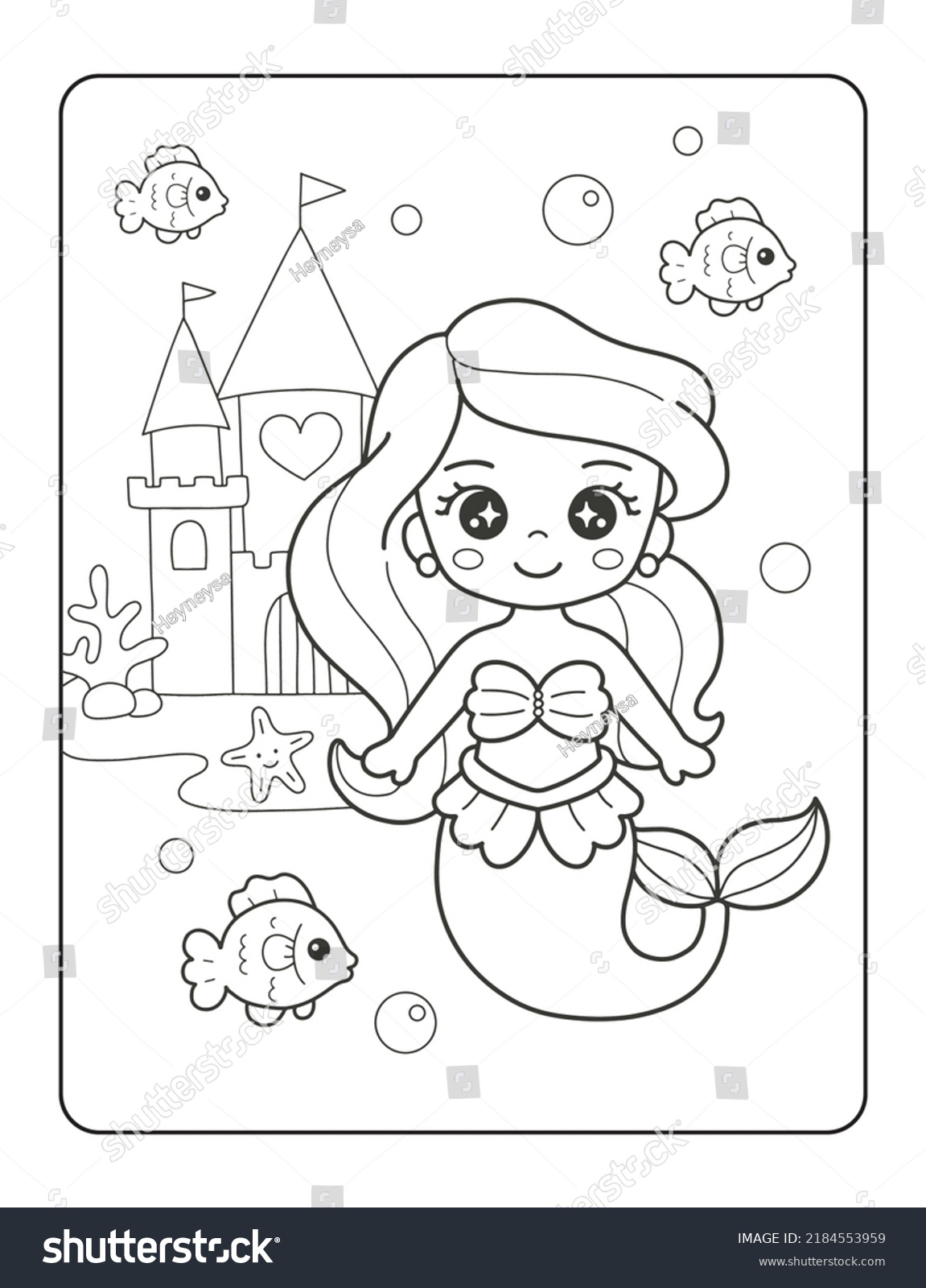 Little mermaid hand drawing printable coloring stock vector royalty free