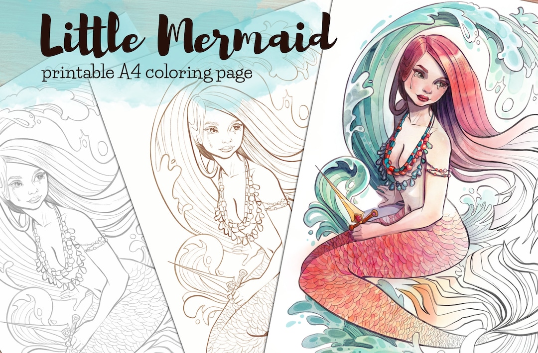 Little mermaid printable coloring page in black and white