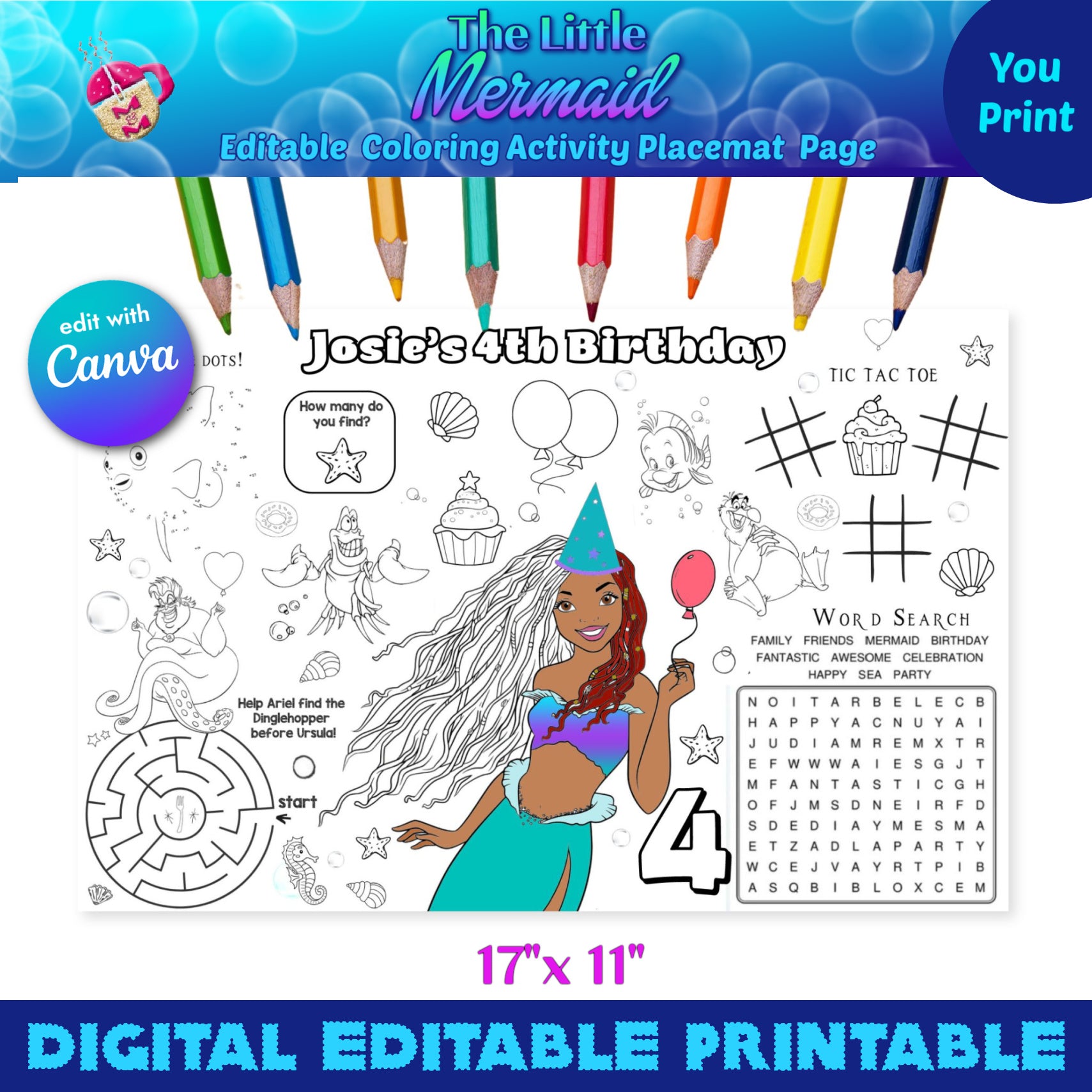 Editable the little mermaid coloring activity placemat page ariel co â mugmouse designs