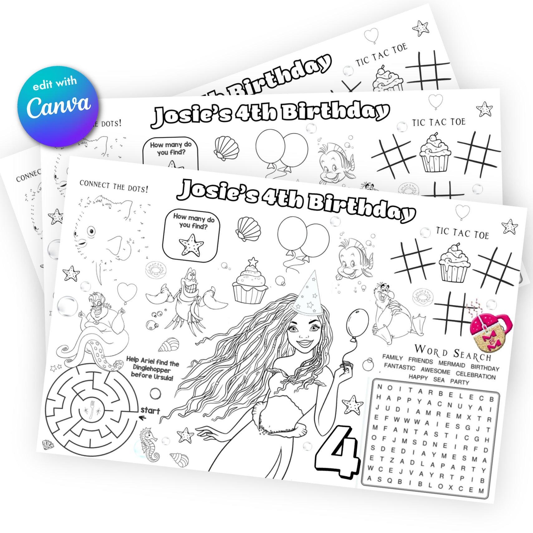 Editable the little mermaid coloring activity placemat page ariel co â mugmouse designs