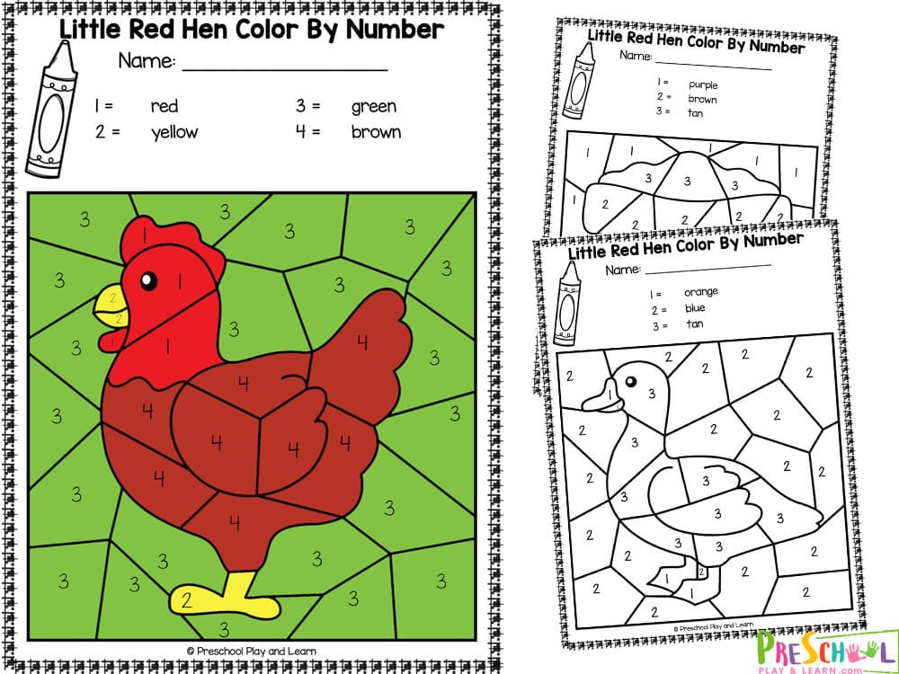 Free printable little red hen color by number worksheets