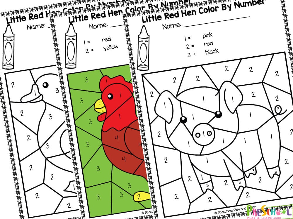 Free printable little red hen color by number worksheets