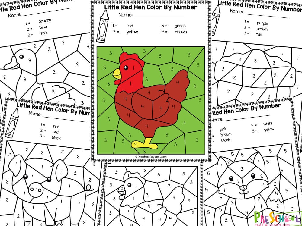 Free printable little red hen color by number worksheets