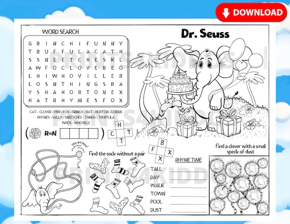 Dr seuss dr seuss worksheet seuss activity mat coloring and activity page coloring placemat instant download pdf printable