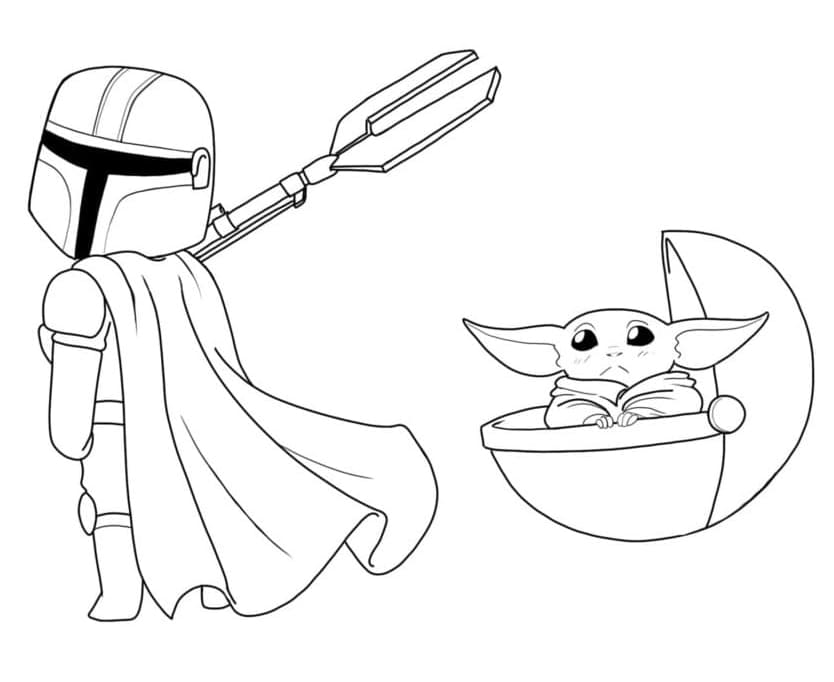 Cute baby yoda and mandalorian coloring page