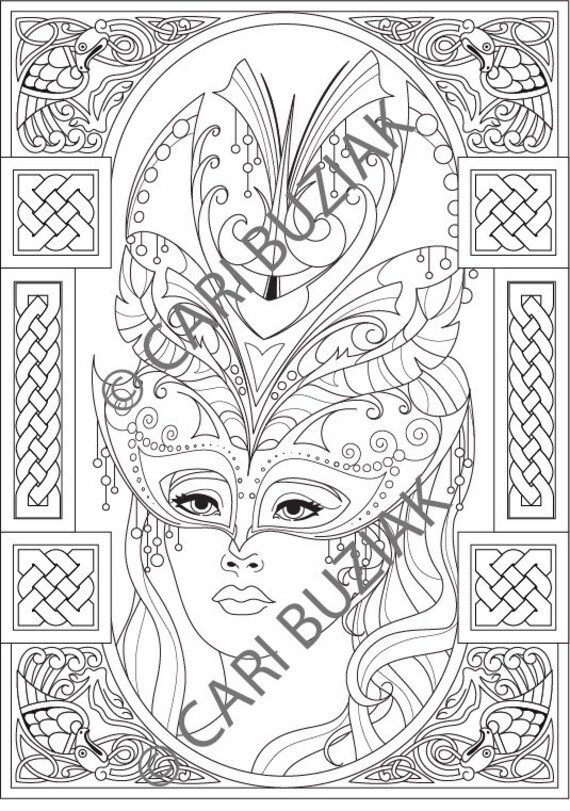 Celtic coloring page fantasy mask irish colouring woman goddess queen knots spirals fantasy download adult coloring