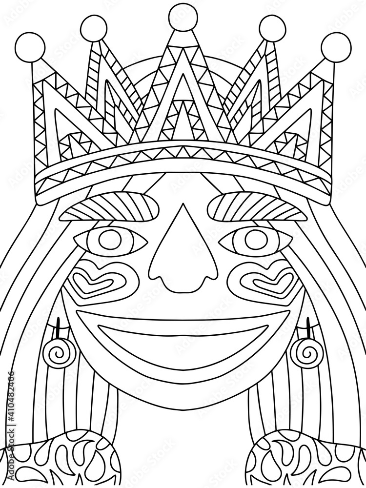 Smiling girl in crown symmetry coloring page for kids and adults vector funny cartoon mardi gras festival character queen portrait stylized happy woman portrait black outline isolated on white vector