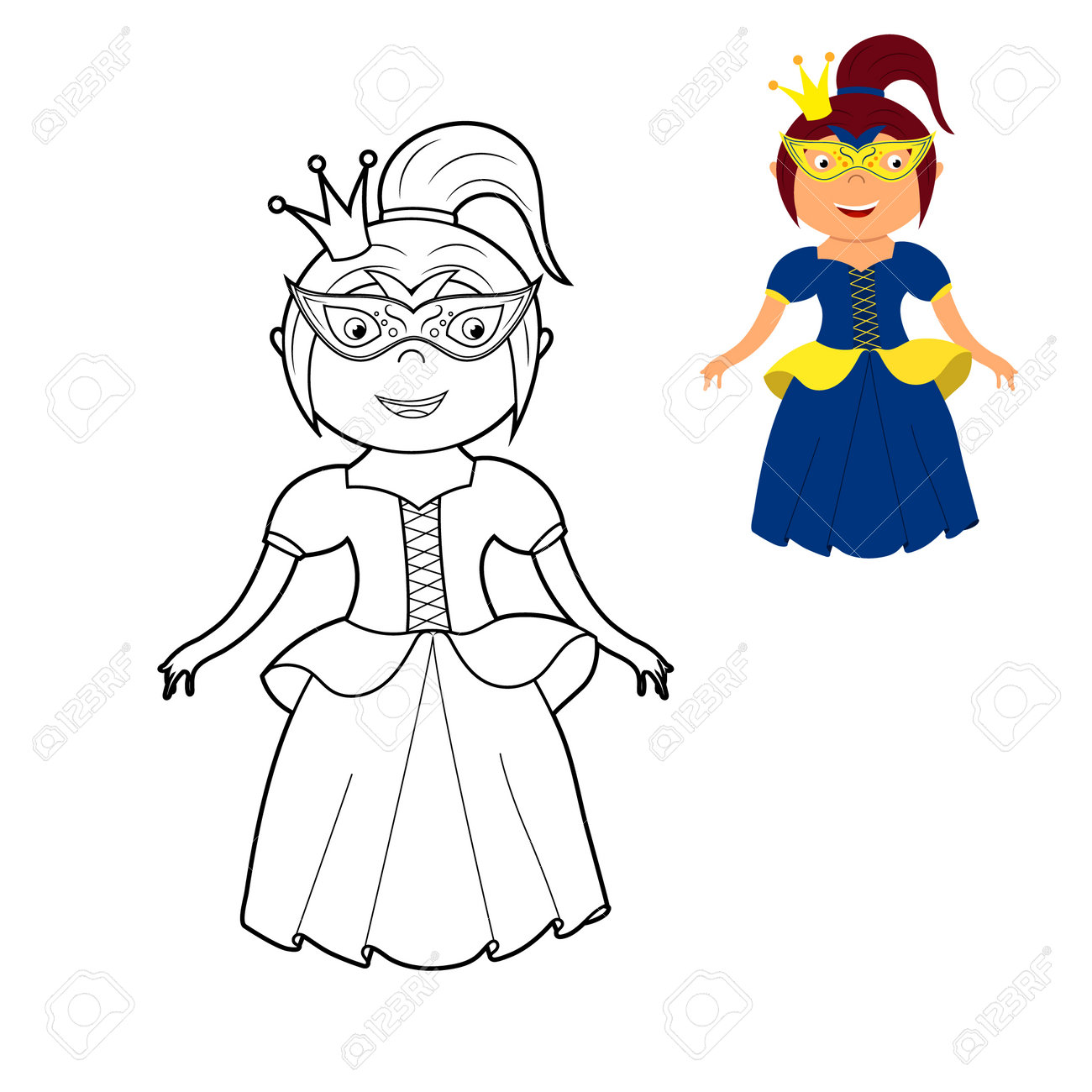 A coloring book a cute princess in a dress a mask and a crown vector cartoon illustration isolated on a white background royalty free svg cliparts vectors and stock illustration image