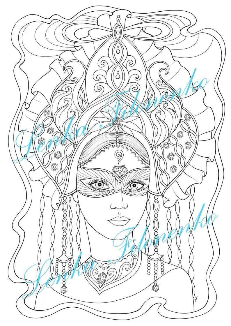 Coloring page for adults lady infinity with a mask line