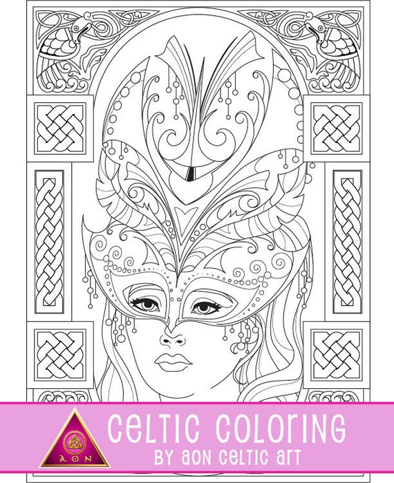 Celtic coloring page fantasy mask irish colouring woman goddess queen knots spirals fantasy download adult coloring