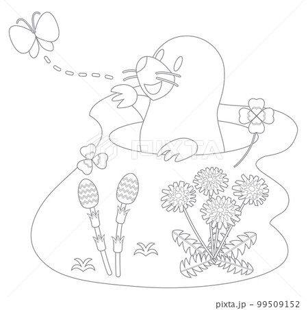 Coloring book with moles and spring flowers