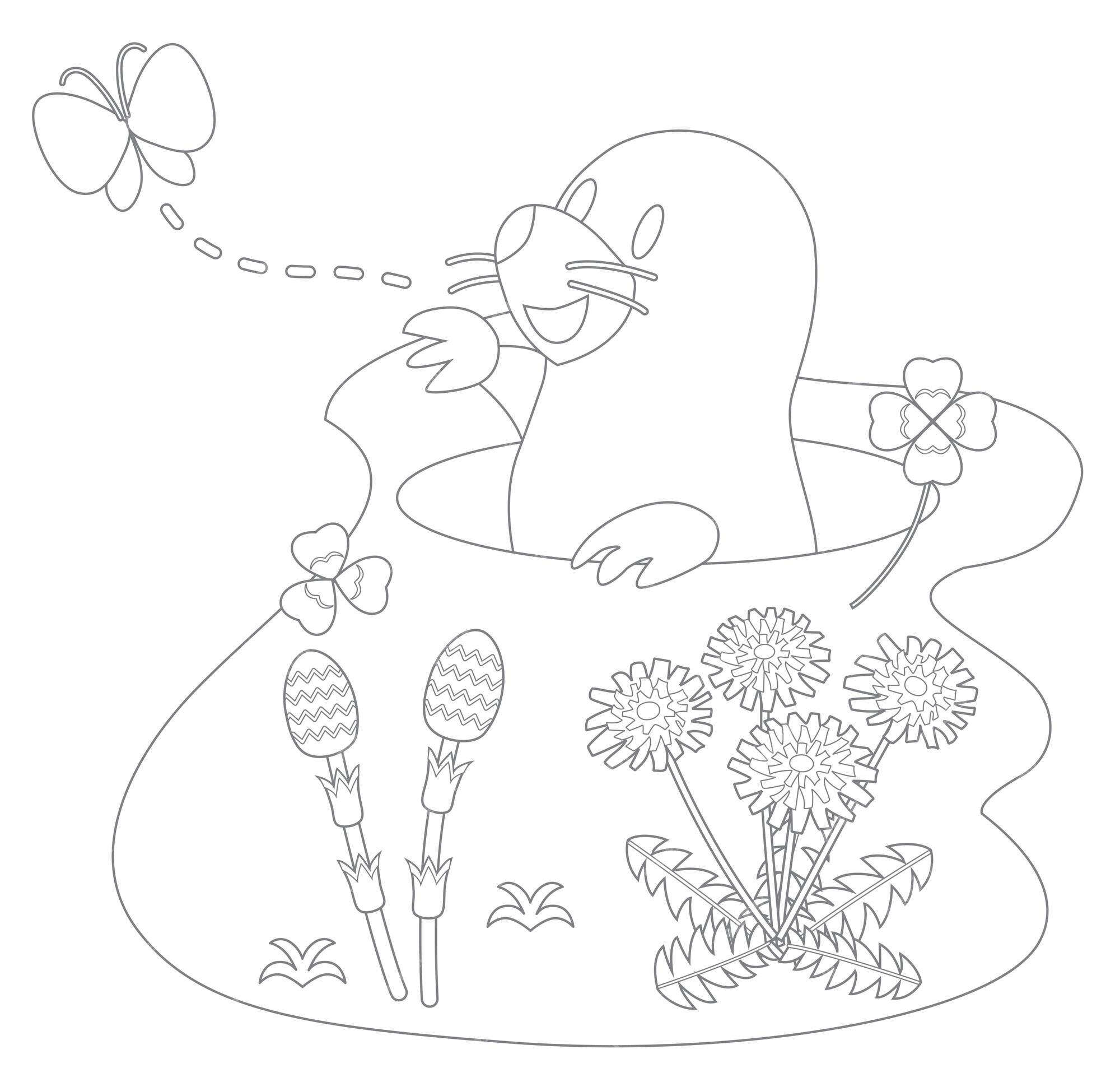 Premium vector line for coloring of a mole horsetails and dandelions coloring book for children