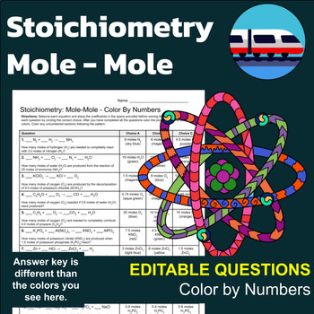 Stoichiometry mole to mole ratios science color by numbers tpt