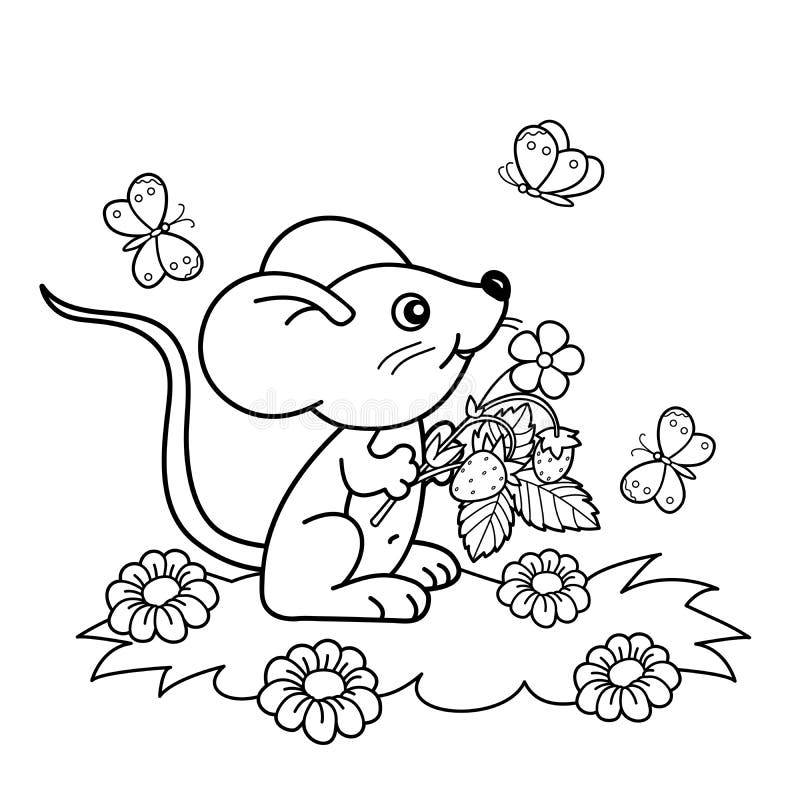 Coloring page outline of cartoon little mouse with strawberries in the meadow with butterflies coloring book for kids stock vector