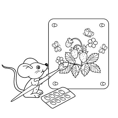 Coloring page outline of mouse with picture of strawberry stock clipart royalty