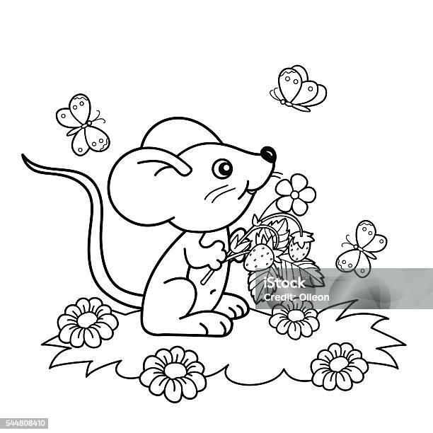 Coloring page outline of little mouse with strawberries for kids stock illustration