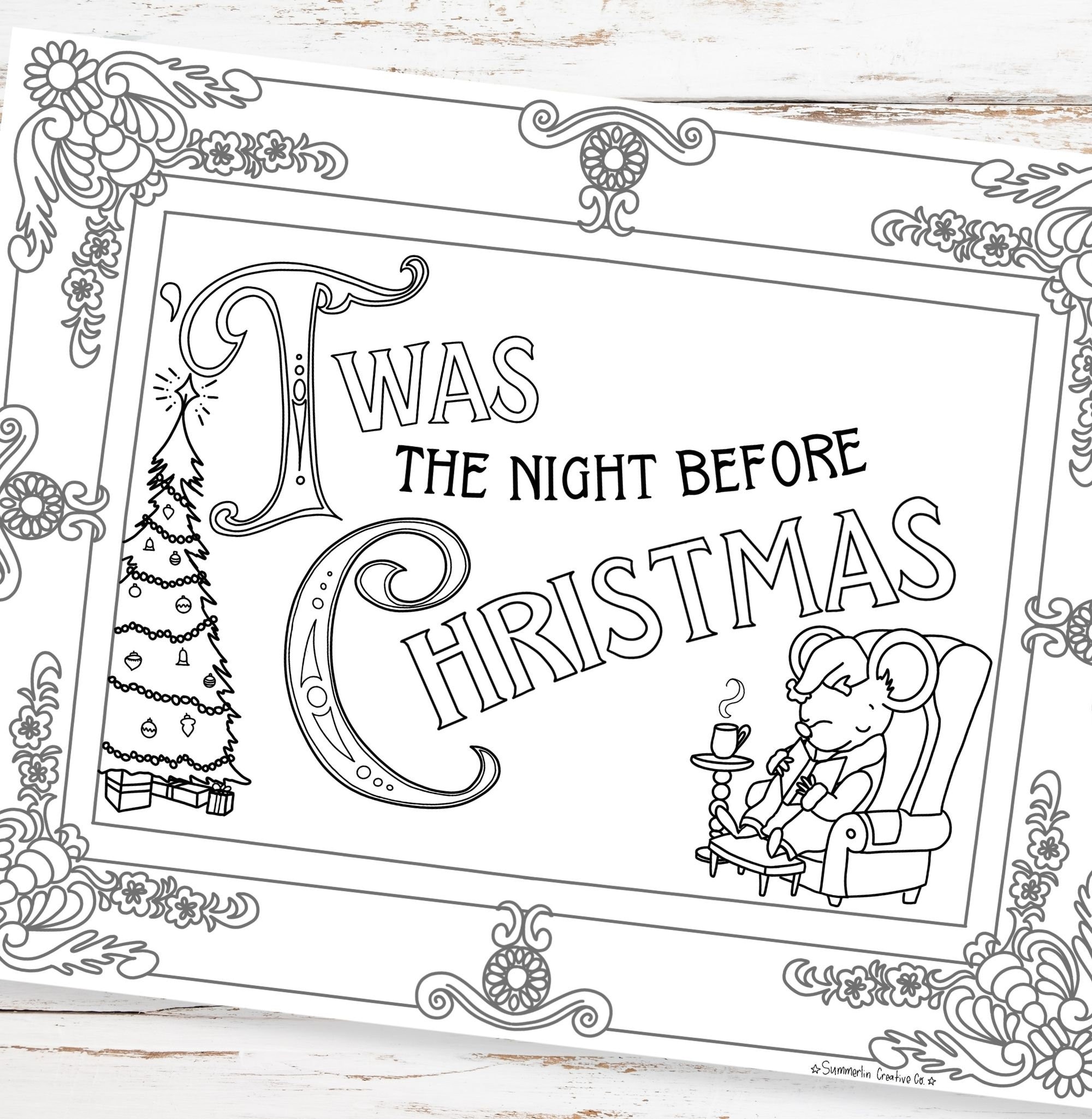 Twas the night before christmas coloring page holiday pdf printable winter activity