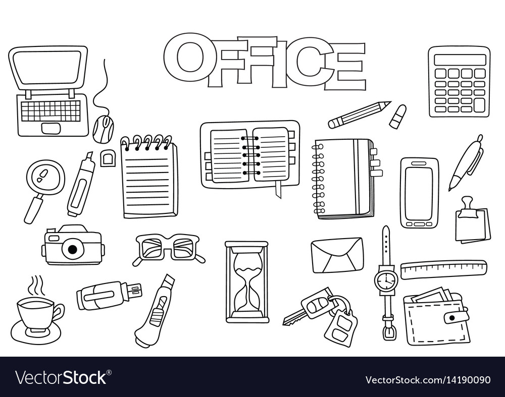 Hand drawn office set coloring book template vector image