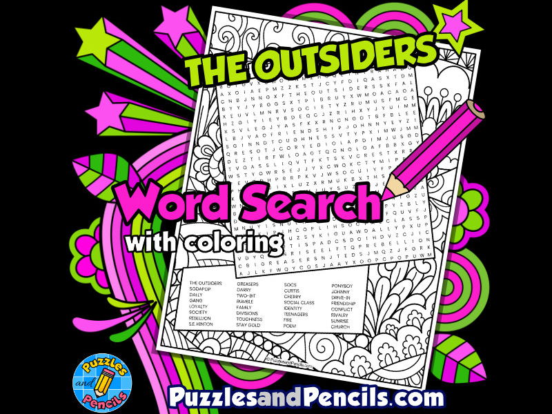 The outsiders word search puzzle activity page with colouring teaching resources