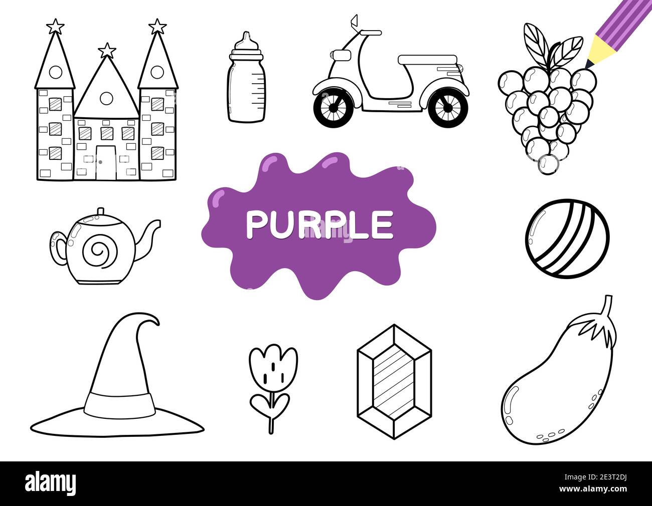 Color the elements in purple coloring page for kids educational material stock vector image art