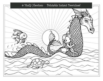 Cute mermaid riding sea serpent fish and turtle coloring page line art whimsical world by molly harrison fantasy art