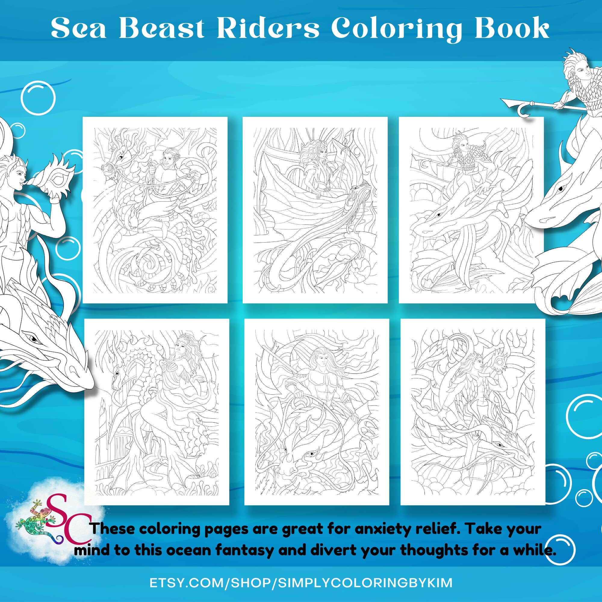 Sea beast riders coloring book ocean people sea beast fantasy coloring pages adults water dragon whimsical magical