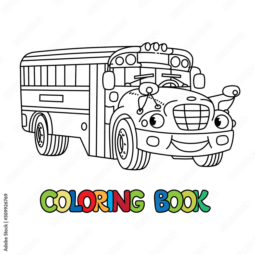 Funny small school bus with eyes coloring book vector