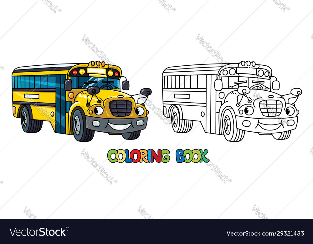 Funny small school bus with eyes coloring book vector image