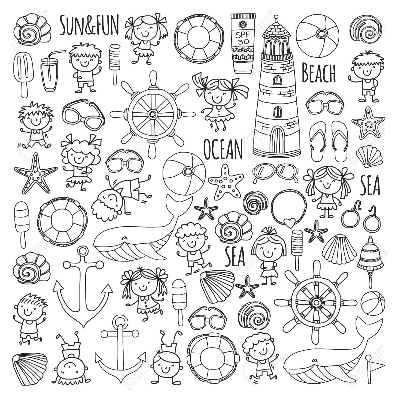 Coloring page beach set with childrens school vacation small kids nursery sea ocean lighthouse boys and girls doodle vector icons and patterns royalty free svg cliparts vectors and stock illustration image