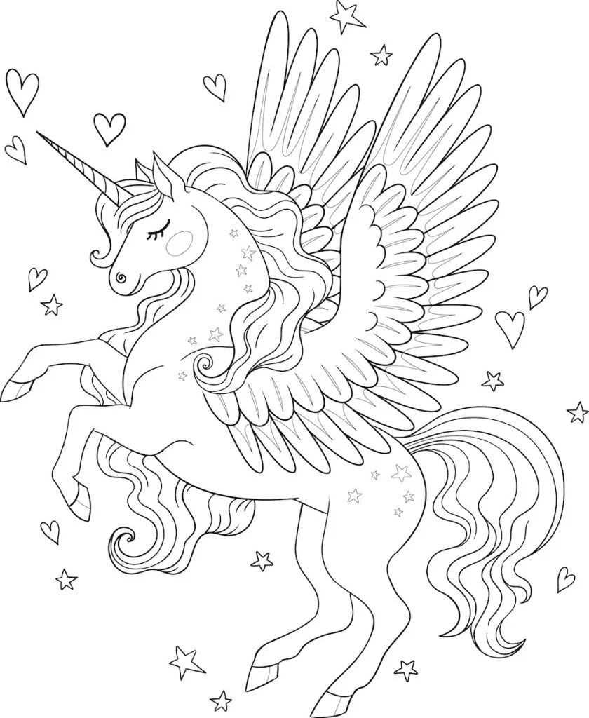 Unicorn with flamboyant wings coloring page