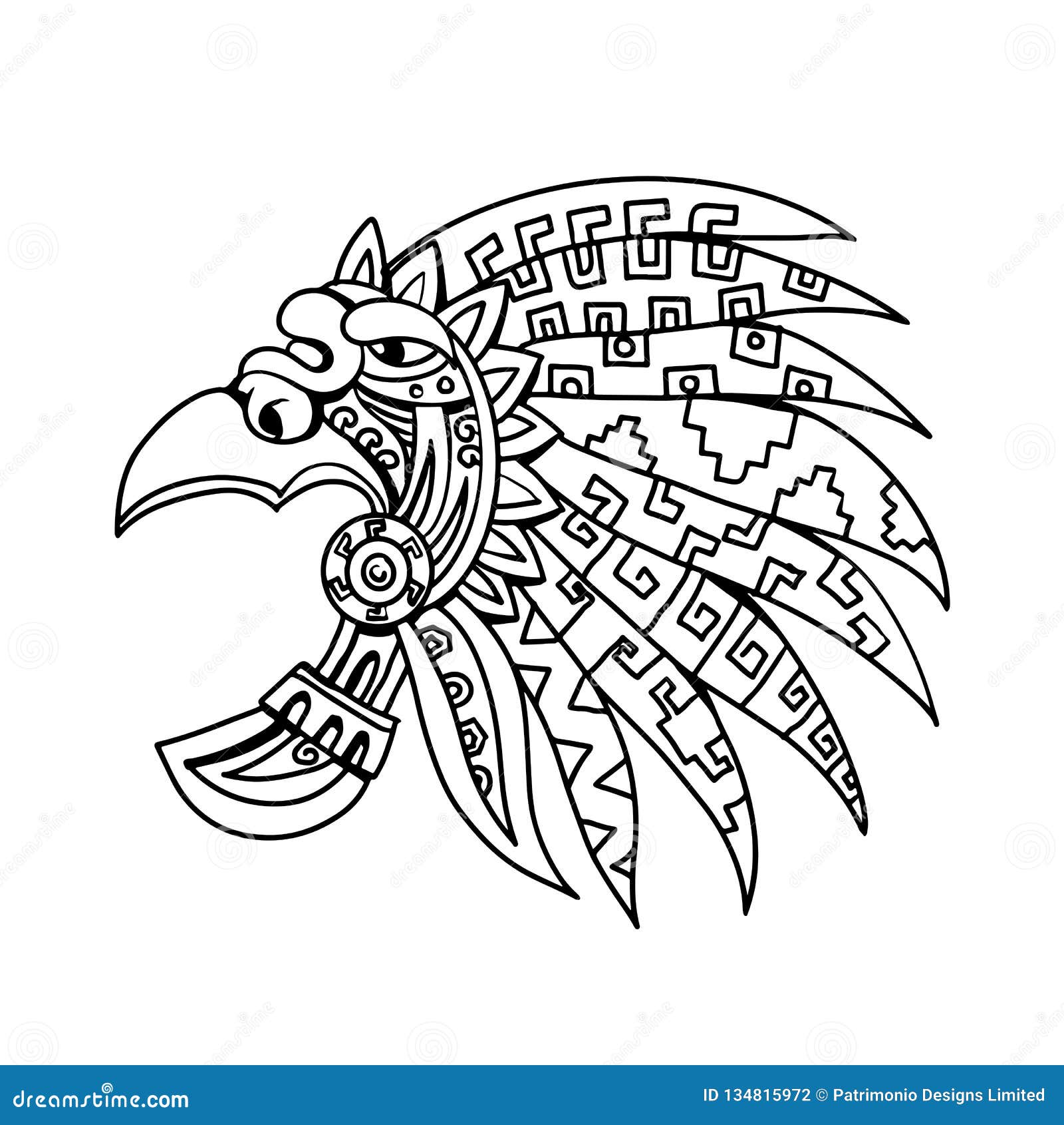 Aztec feathered headdress drawing black and white stock vector