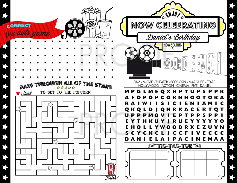 Movie party printable activity coloring page