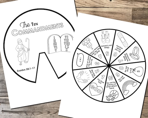 Ten mandments coloring wheel printable bible activity watercolor kids bible lesson memory game sunday school